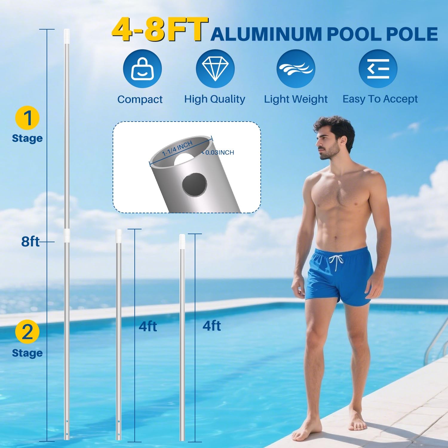 Telescopic 8FT Aluminum Pool Pole for Skimmer Nets, Vacuums, Brushes, Strong