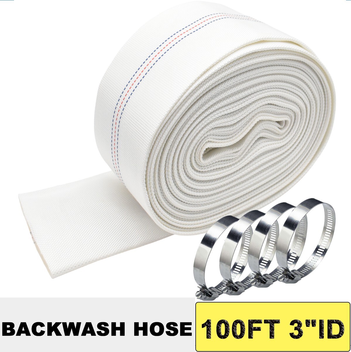 Water Discharge Backwash Pool Hose 3&Prime; in inch x 100 FT Lay-Flat Drain Pump White