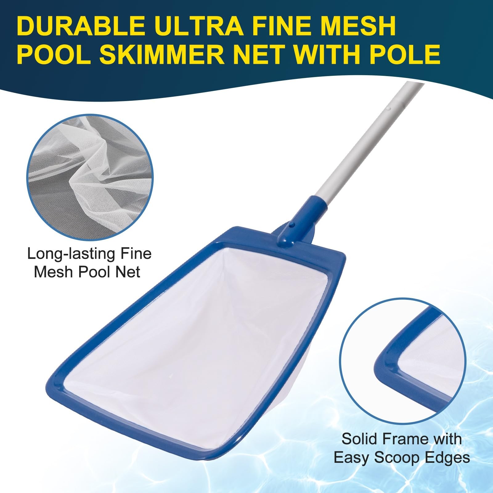 Pool Skimmer Net with Pole Ultra Fine Mesh for Cleaning Pools, Spas & Hot Tubs