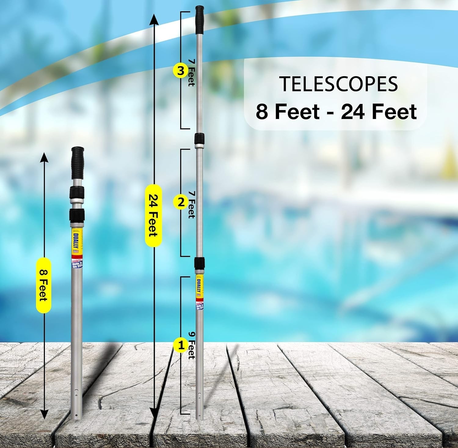 Dually Telescopic Pool Pole 8-24 Ft Aluminum Heavy Duty Locking USA Made