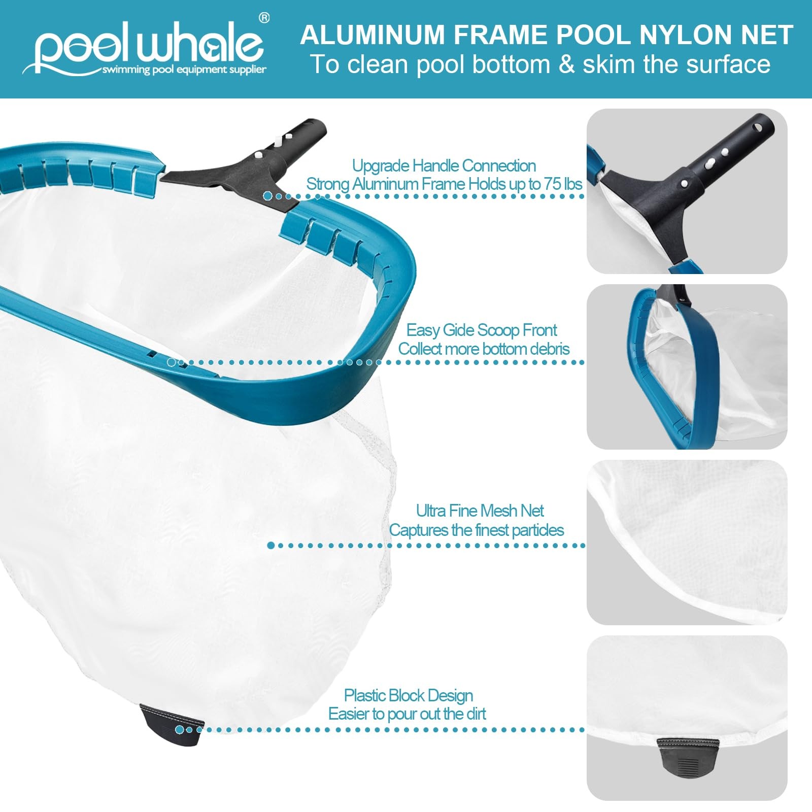 Pool Leaf Skimmer Net Swimming Pool Cleaning Rake Fine Mesh Aluminum Frame 20 In