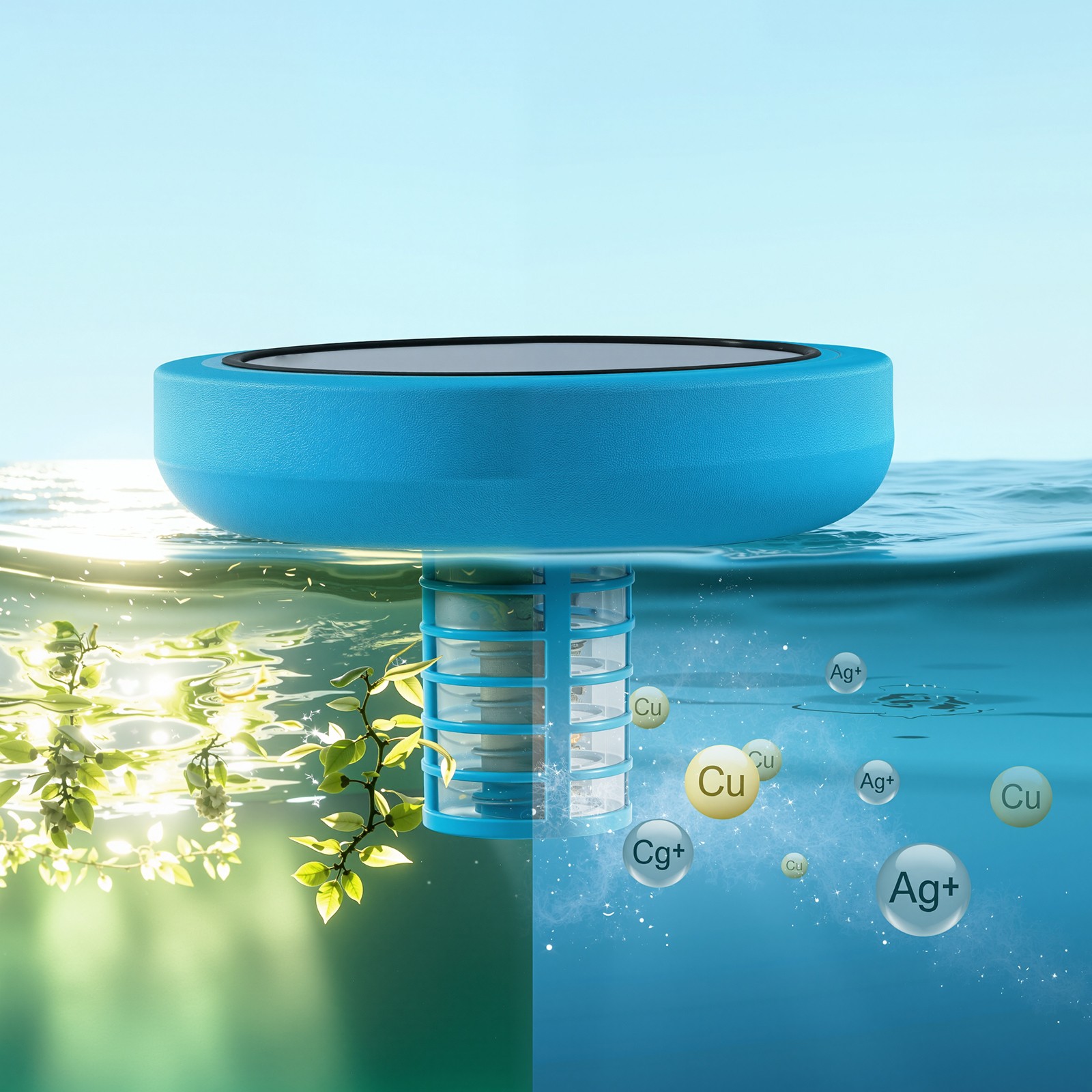 Uimoso Solar Pool Ionizer Round Copper Purifier for Pools Up to 35000 Gal, Blue