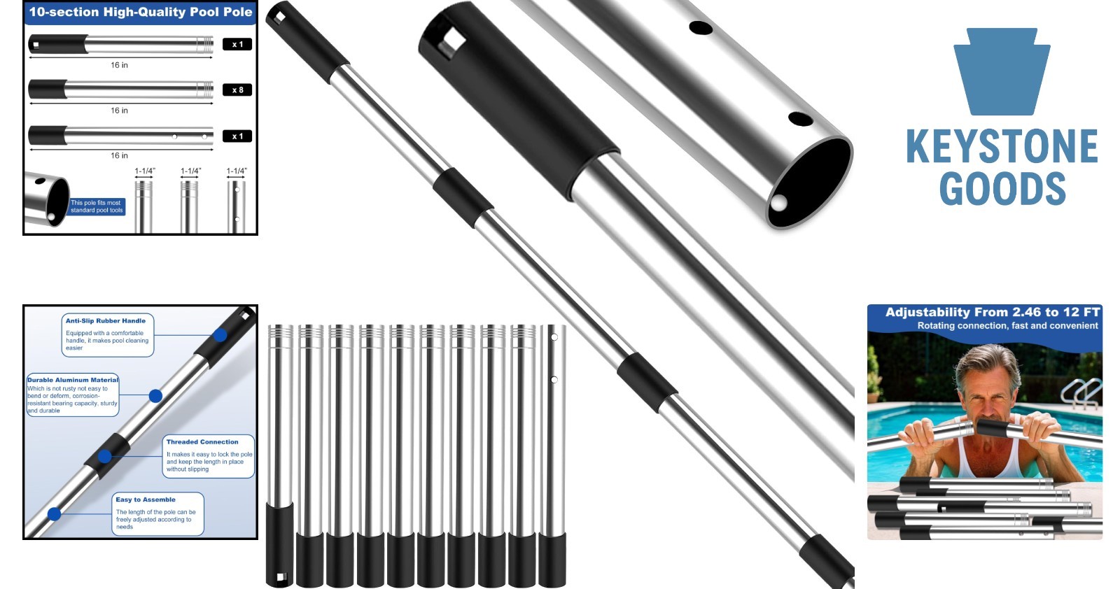 12Ft Heavy Duty Telescopic Pool Pole – Professional Stainless Steel Extension…