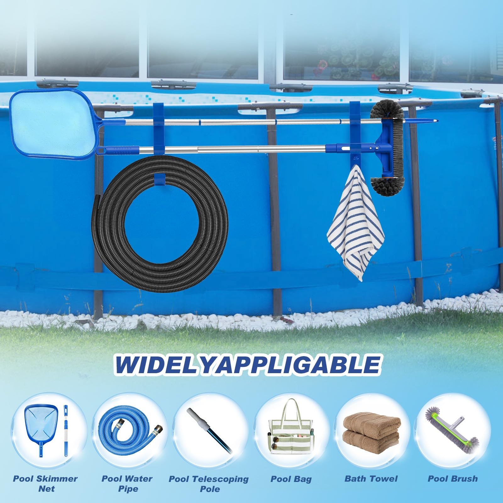 Adjustable 3Hook Pool Pole Hanger for Skimmer, Brush & Hose 2Pack