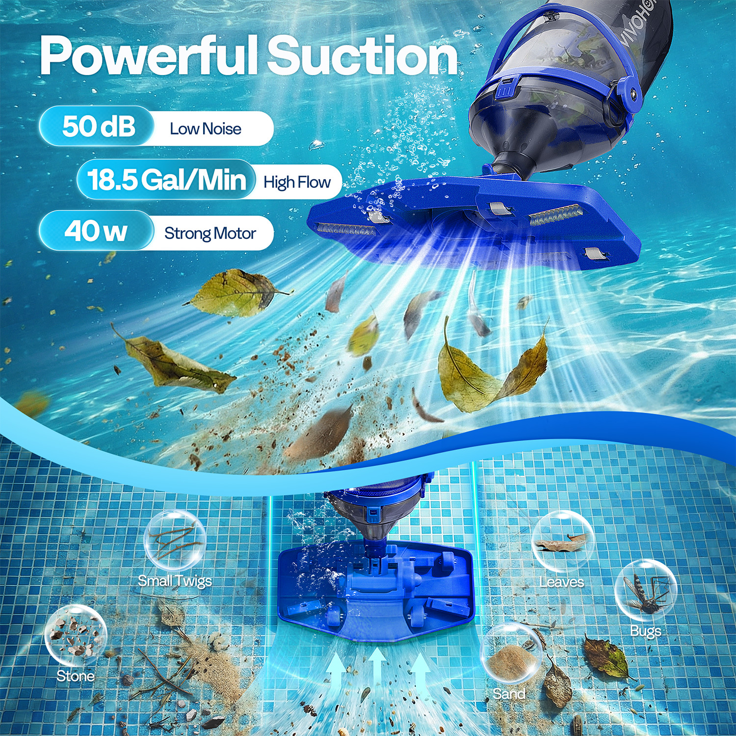 Cordless Pool Vacuum with Telescopic & Extension Poles 9.12ft, 18.5 GPM Suction