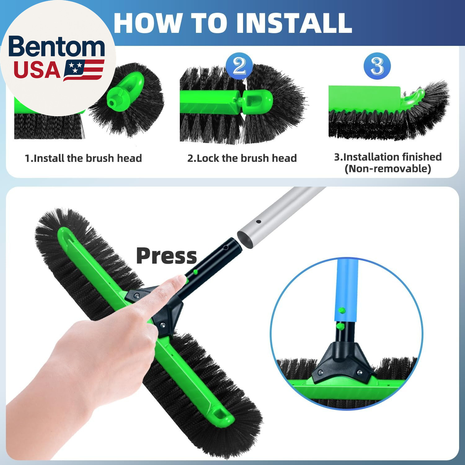 20&Prime; Wide Pool Brush Head, Heavy Duty Pool Scrub Brush with 12-Rows Soft Bristles