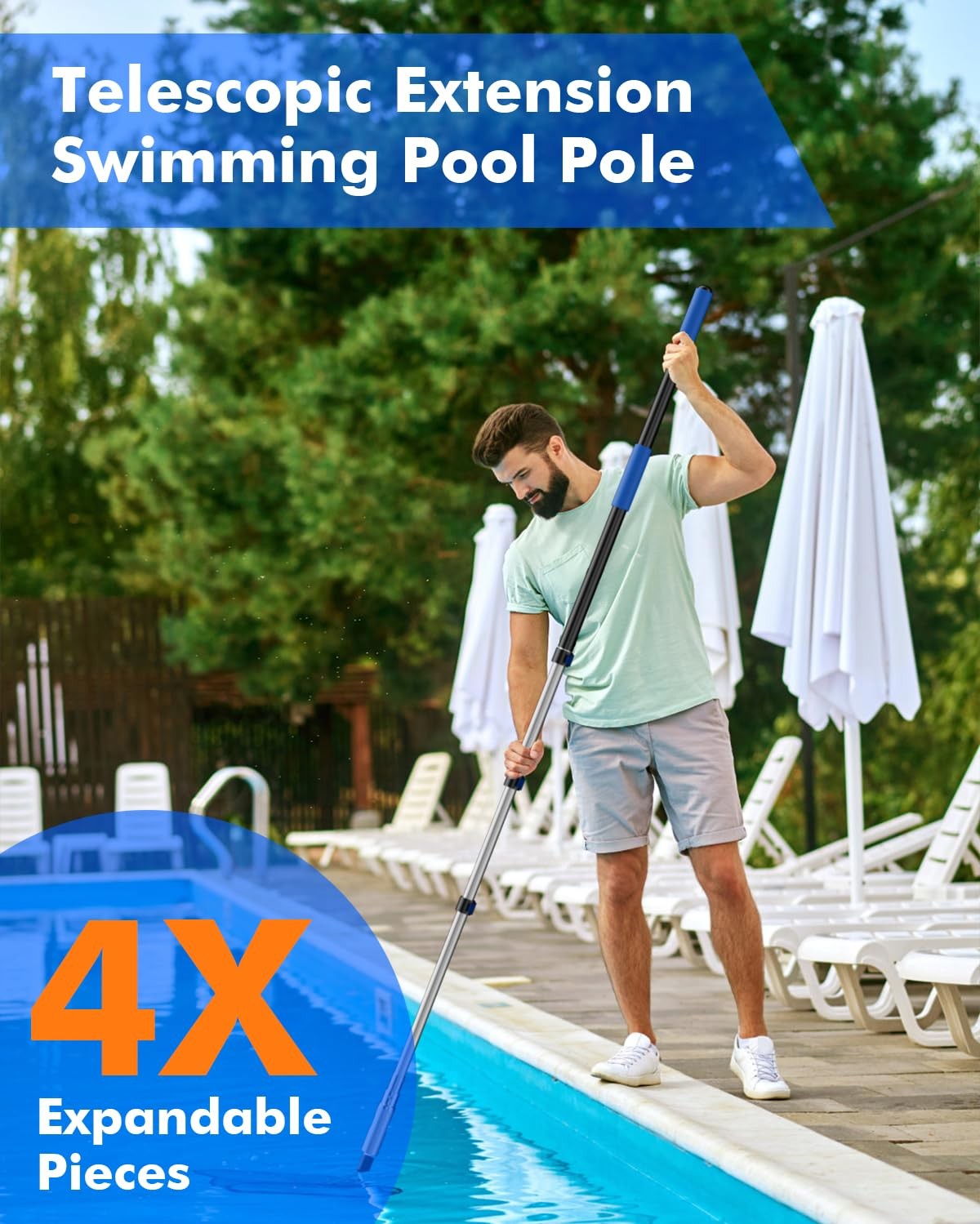 Pool Pole Telescopic 16FT Heavy Duty Upgraded Aluminum, 16 Ft Extension/Exten…