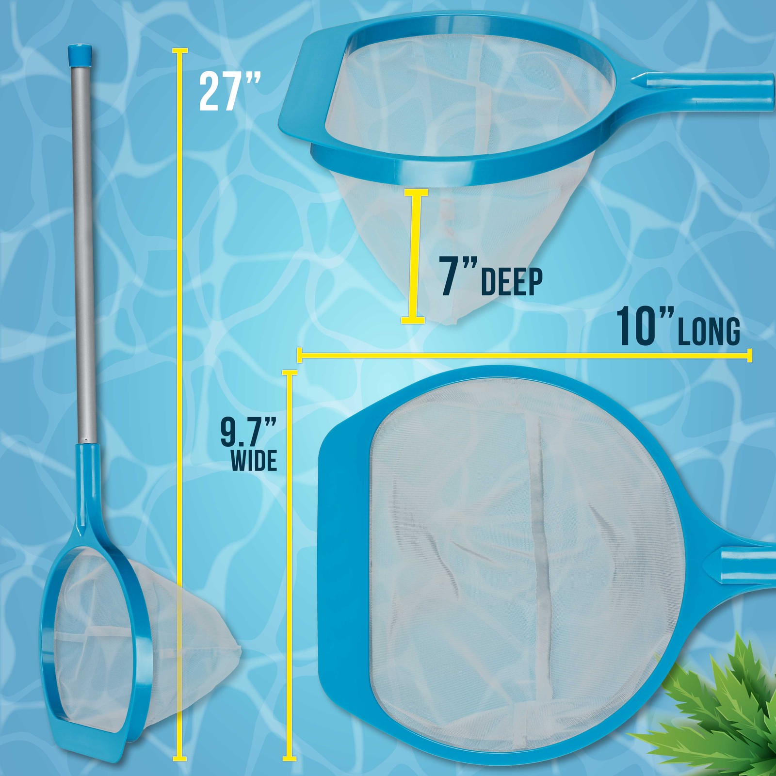 27&Prime; Swimming Pool Hand Leaf Skimmer Net & Pole – Deep Ultra Fine Mesh Netting