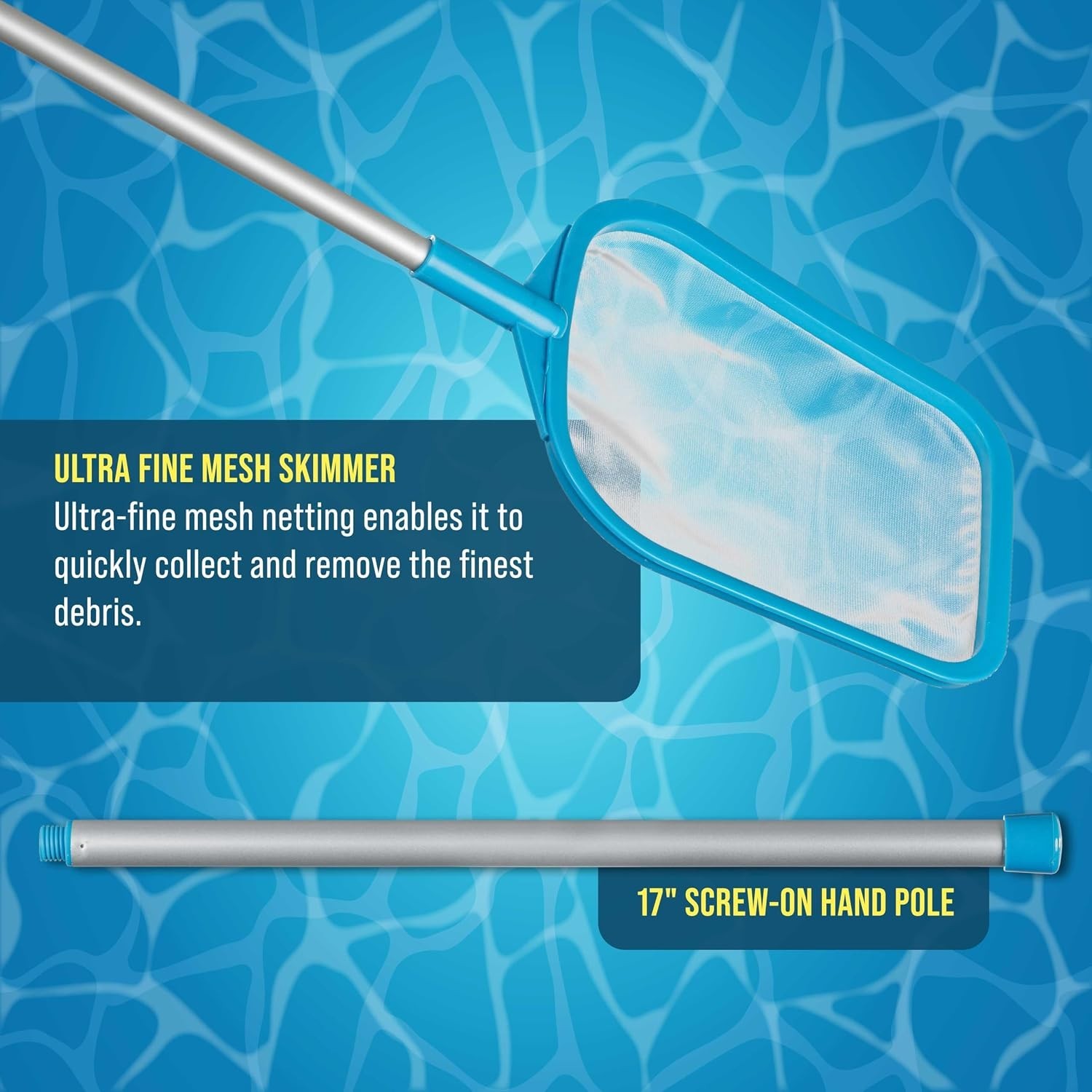 Teal Blue Handheld Pool Skimmer Net with 17-Inch Pole for Effortless Cleaning