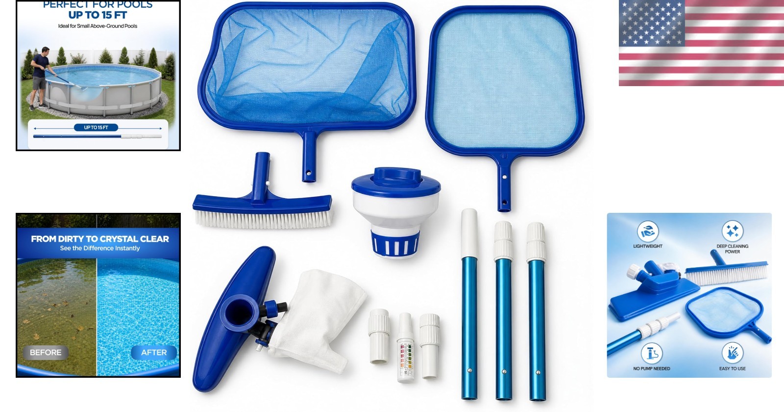 Lightweight Pool Maintenance Set – Telescoping Pole, Skimmer