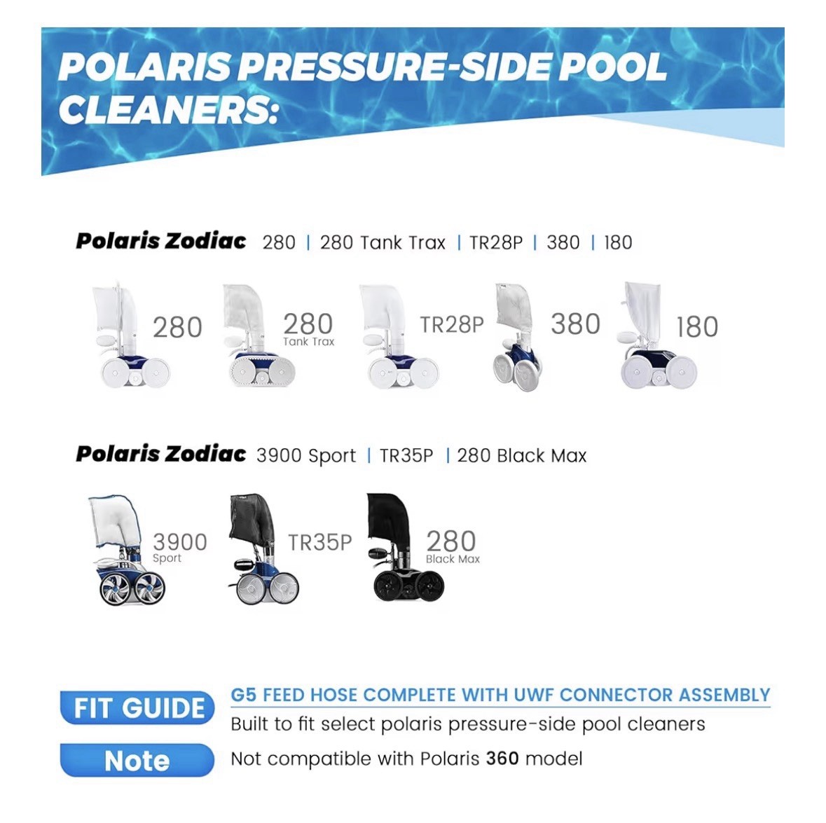 Feed Hose G5 Pool Cleaner Zodiac Polaris 280 380 180 3900 (Not 360) FACTORY SEAL