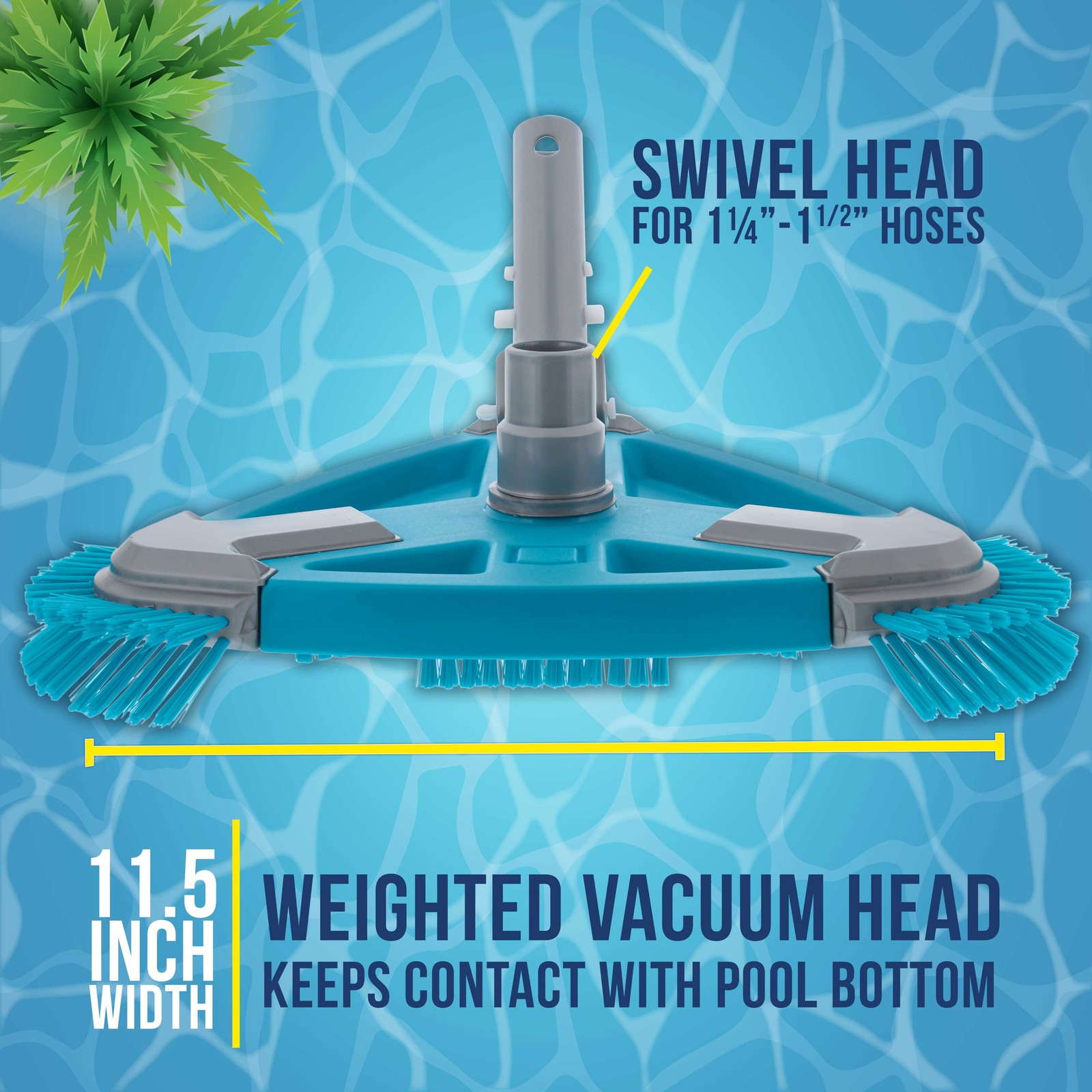 Deluxe Weighted Triangular Pool Vacuum Head with Side Brushes, Swivel Connection
