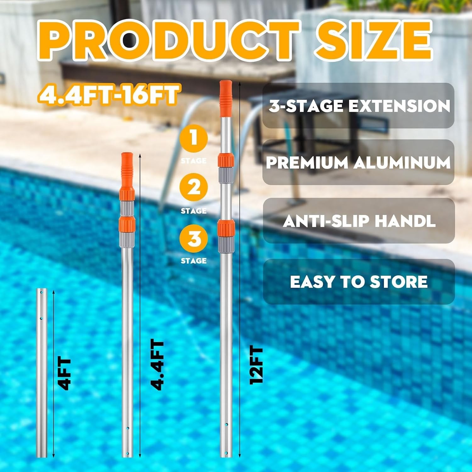 Universal Fit 16 ft Telescopic Pool Pole – Lightweight and Durable Cleaning Tool