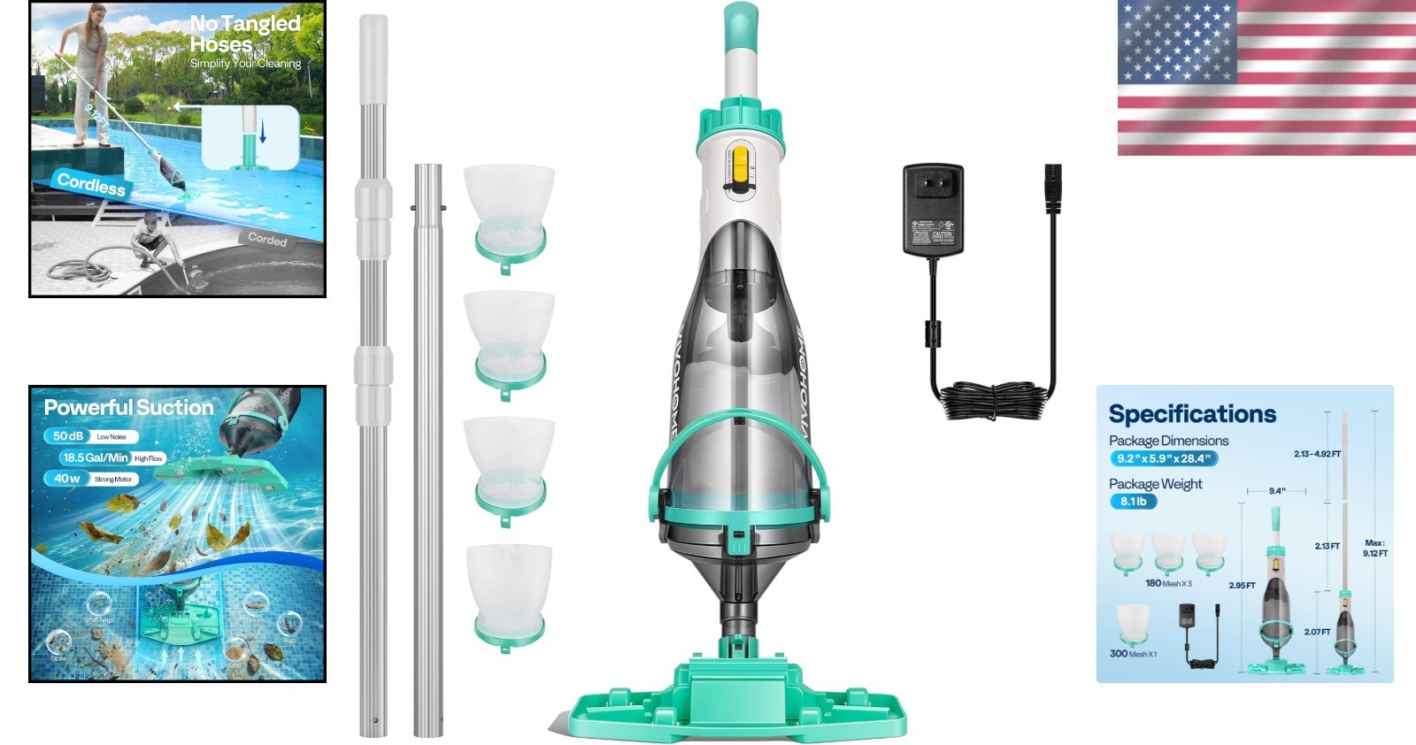 Green Cordless Handheld Pool Cleaner with 60min Battery & High Suction Power
