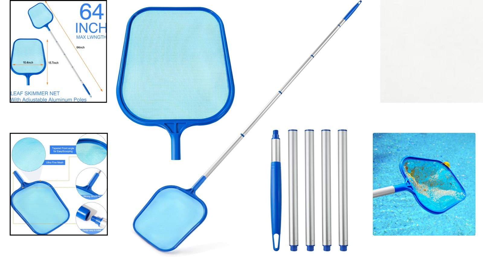 Durable Pool Skimmer Net with 5-Section Aluminum Pole – Perfect for Pools & Spas