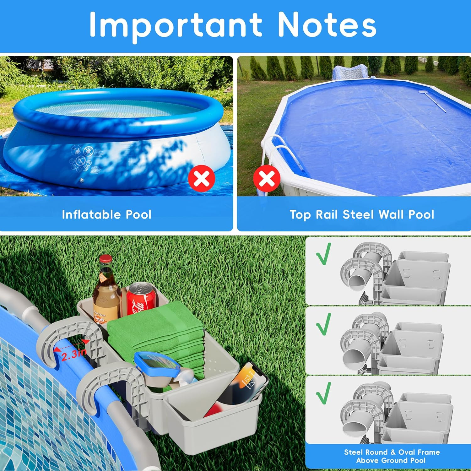 Poolside Storage Basket Above Ground Pool Holder w/ 2 Cup Holders