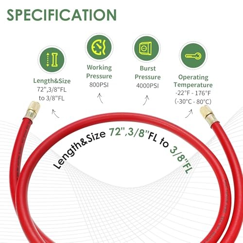 New 3/8&Prime; HVAC Vacuum Hose, Red (High Side) Refrigerant Charging Hose,Standard