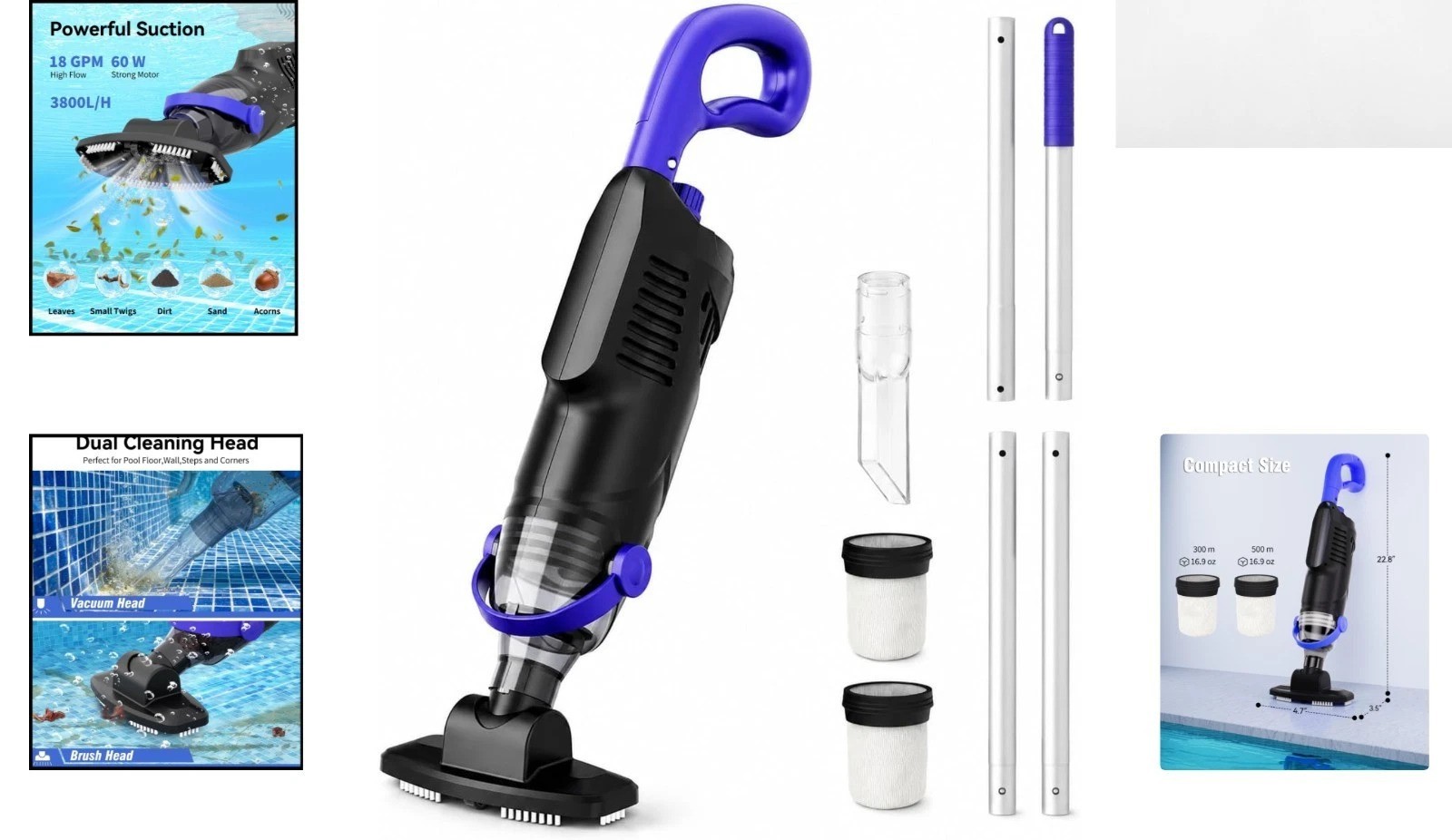 Upgraded Handheld Pool Vacuum with 3-Head System & 60 Min Rechargeable Runtime