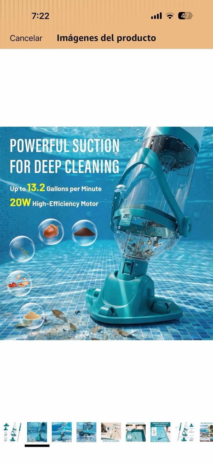 STARRYBOT Pool Vacuum 60 Min Rechargeable 13.2 GPM Blue/White w/ Pole