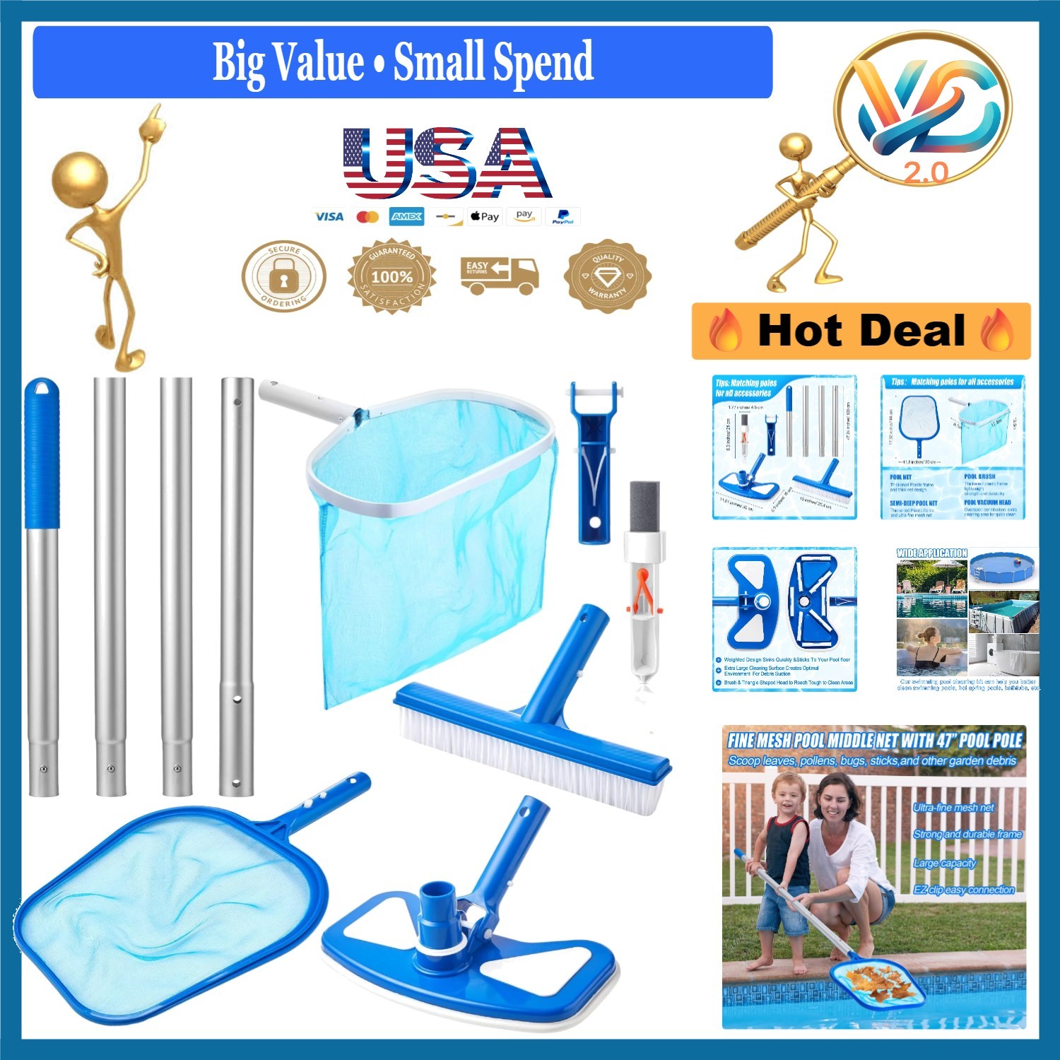 Pool Cleaning Kit 5 Pieces with Aluminum Telescopic Pole, Brush, Skimmer Net,…