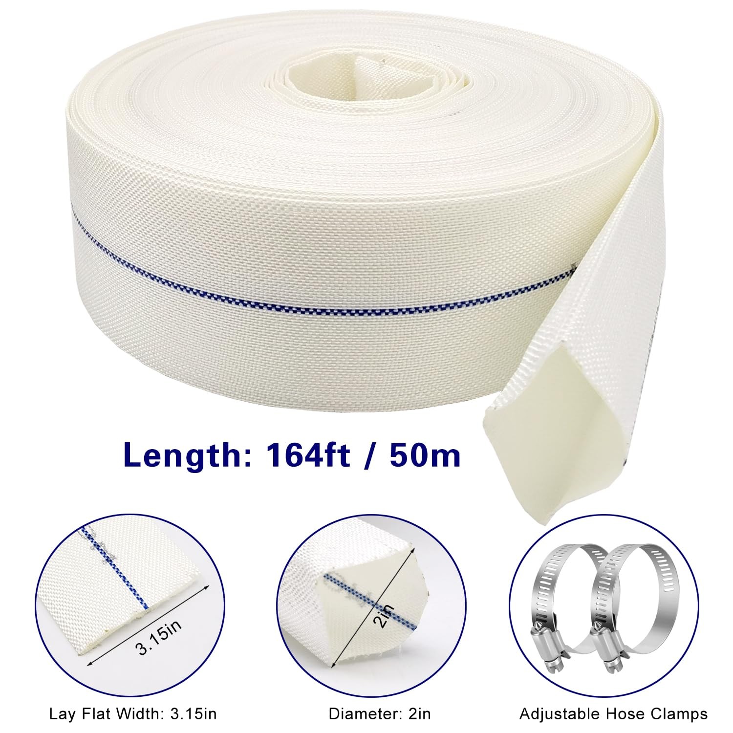 Ahzemepinyo 2IN x 164FT Pool Backwash Hose Heavy 165 feet x 2 inches, White