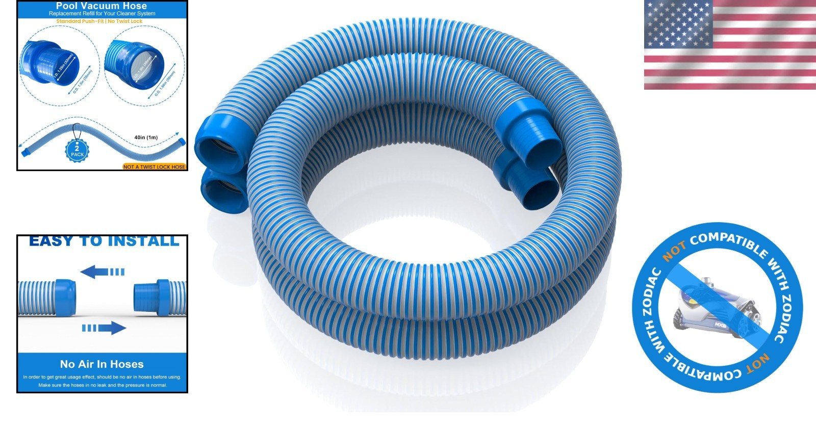Pool Vacuum Hose 2-Pack, 40&Prime; Spiral-Wound, Blue