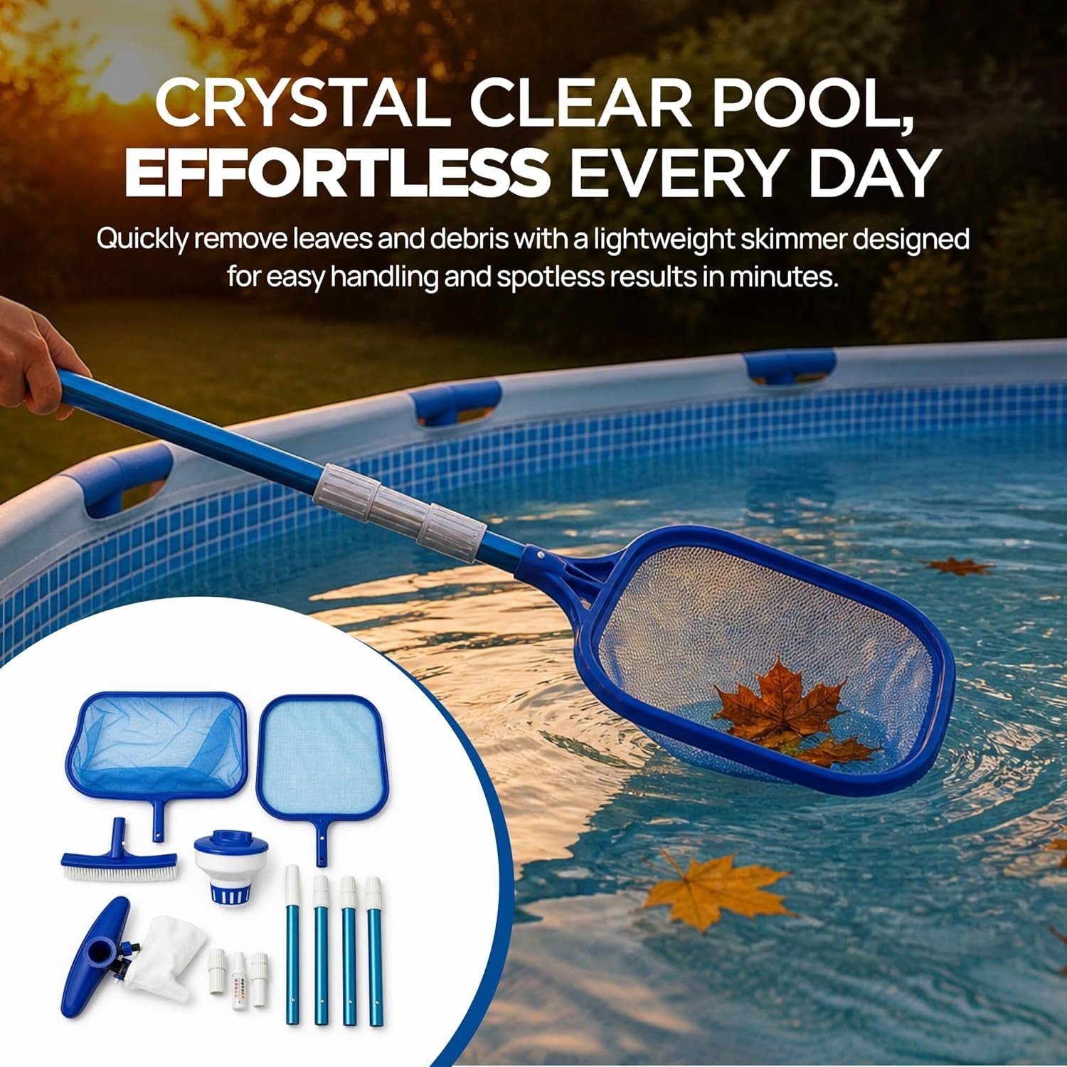 Lightweight Pool Maintenance Set – Telescoping Pole, Skimmer