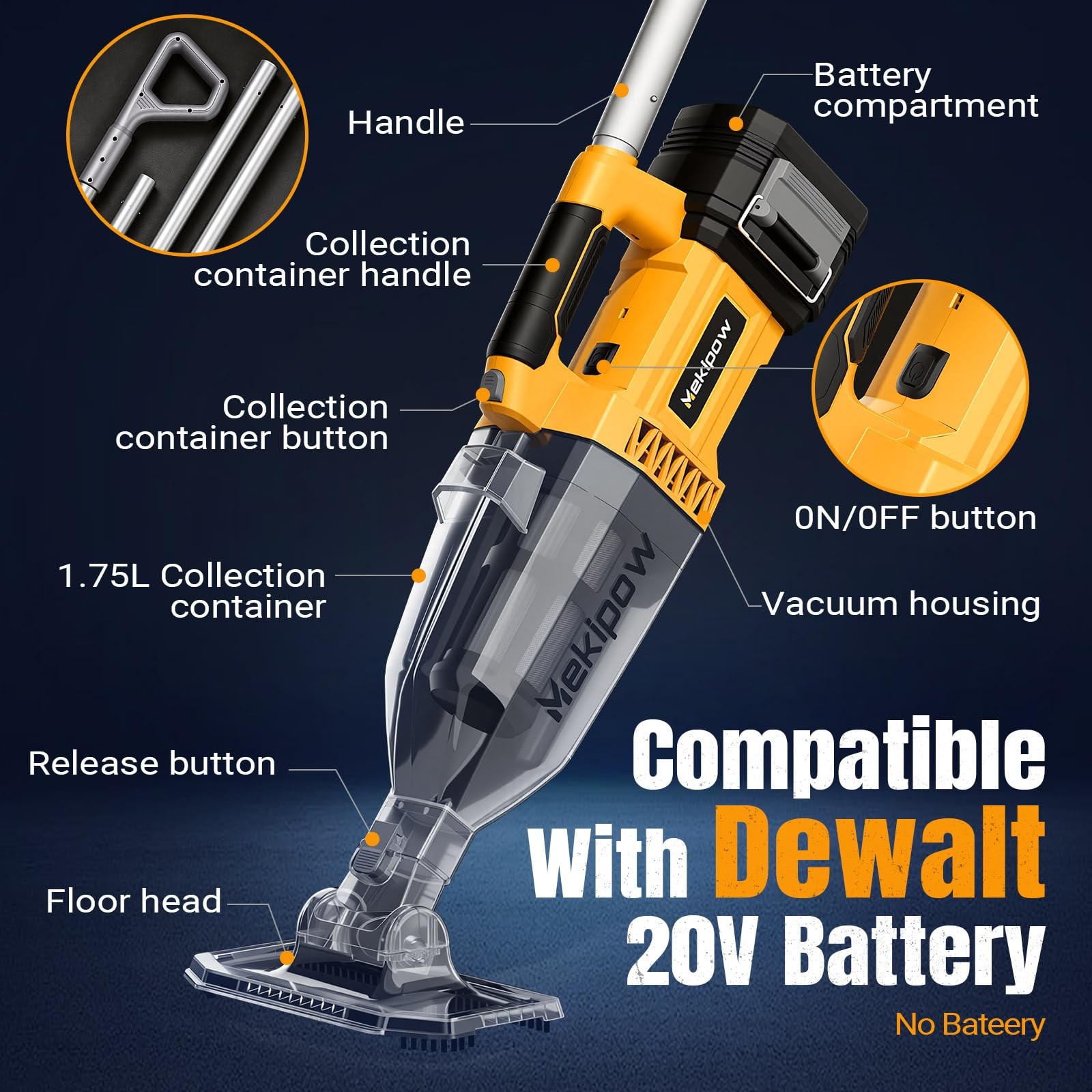 Cordless Handheld Pool Vacuum for Above Ground Pool for Dewalt 20V Battery, S…