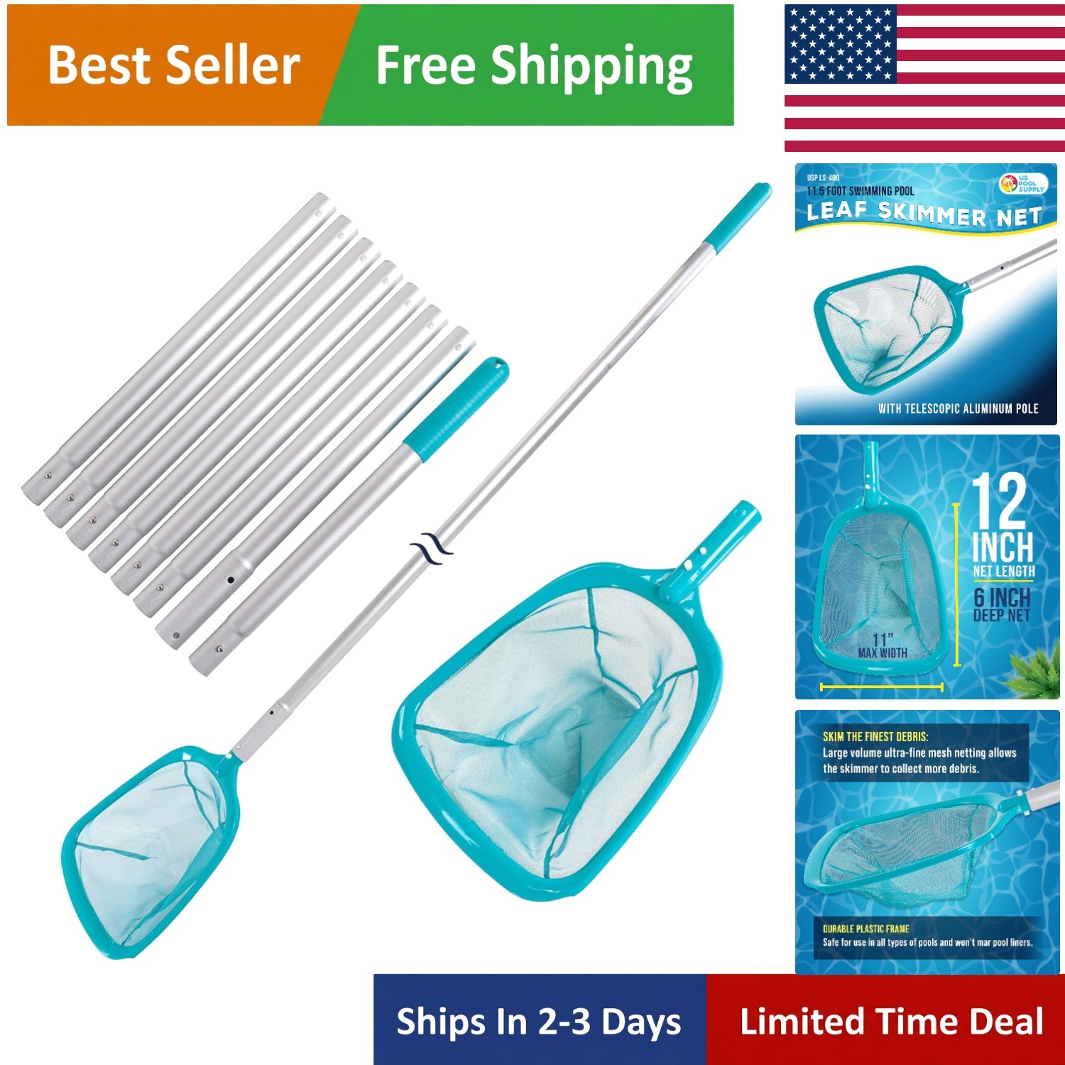 11.5ft Pool Leaf Skimmer Net with Telescopic Pole – Effortless Cleaning Solution