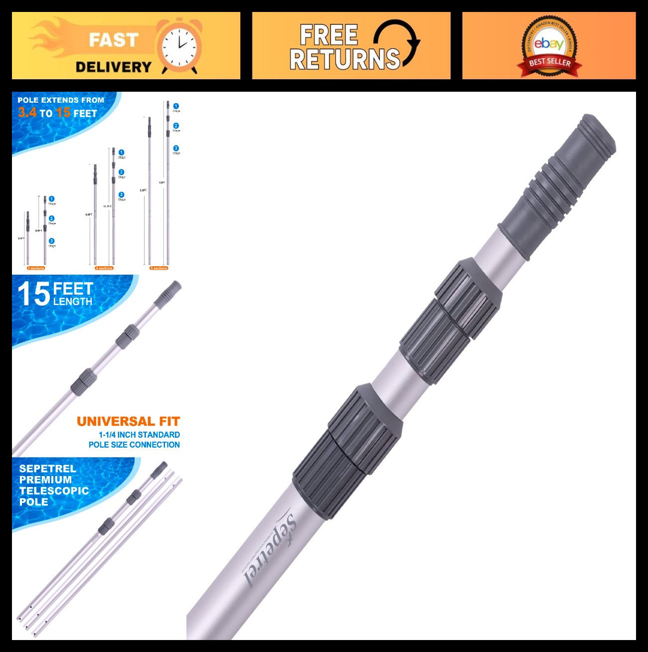 15ft Telescoping Pool Cleaning Pole – Adjustable for Skimmer, Brush & Vacuum