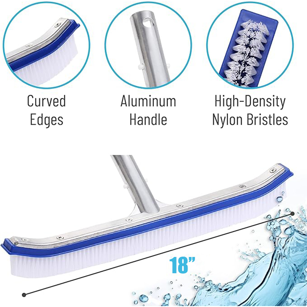 17-1/2&Prime; Wall & Floor Curved Pool Brush with Nylon Bristle & Aluminum Body Handle