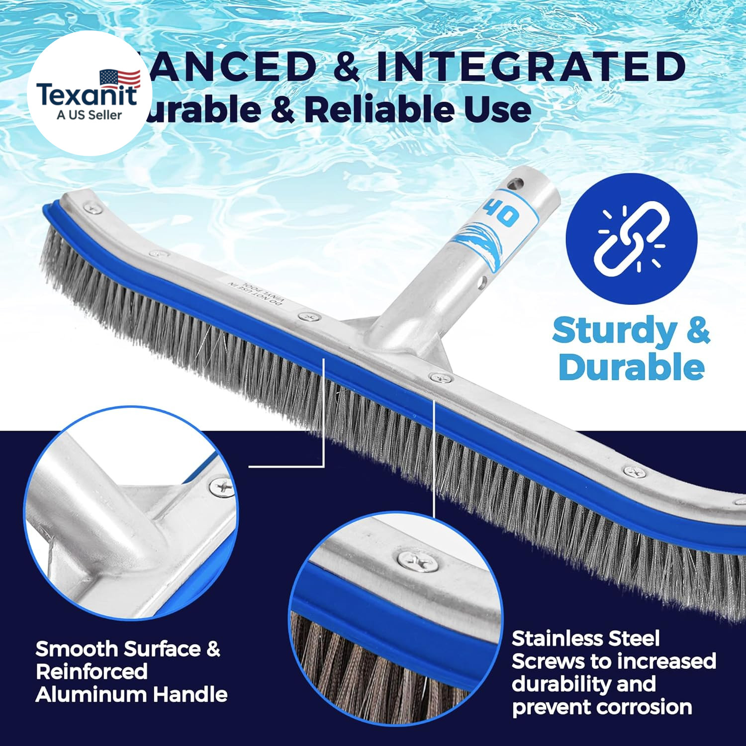 Heavy Duty Pool Brush – 18-Inch Extra-Wide Metal Brush Head with Stainless Steel