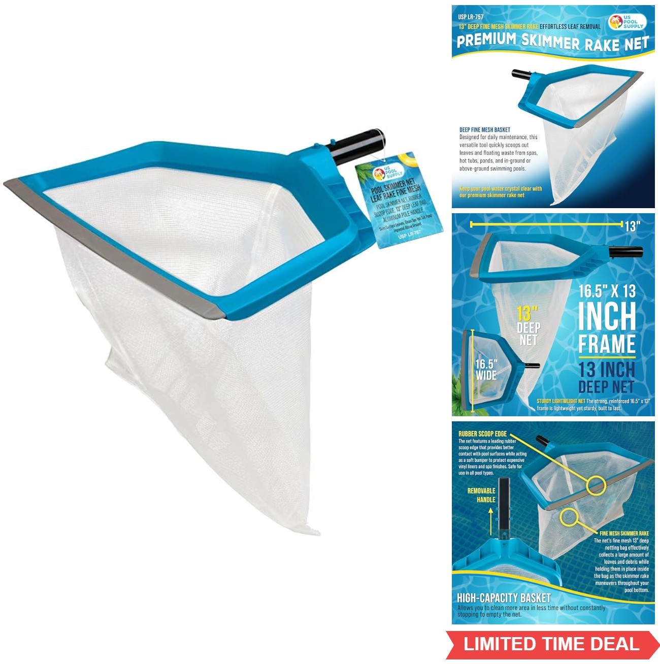 Pool Skimmer Net Fine Mesh 13 Inch Deep Leaf Bag Rubber Scoop Edge Aluminum