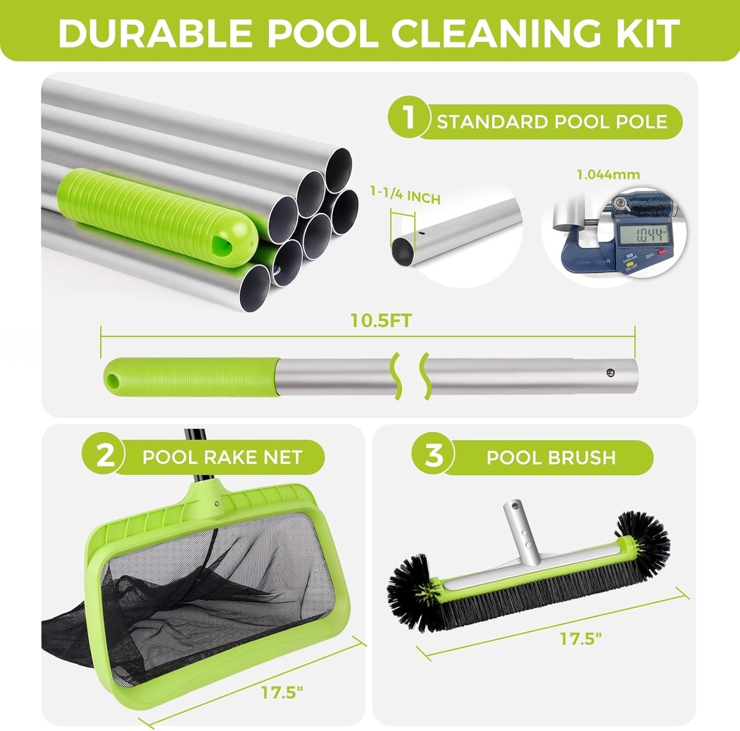 Deluxe Pool Cleaning Kit with 10.5Ft Aluminum Pole, Skimmer Net, Brush Head