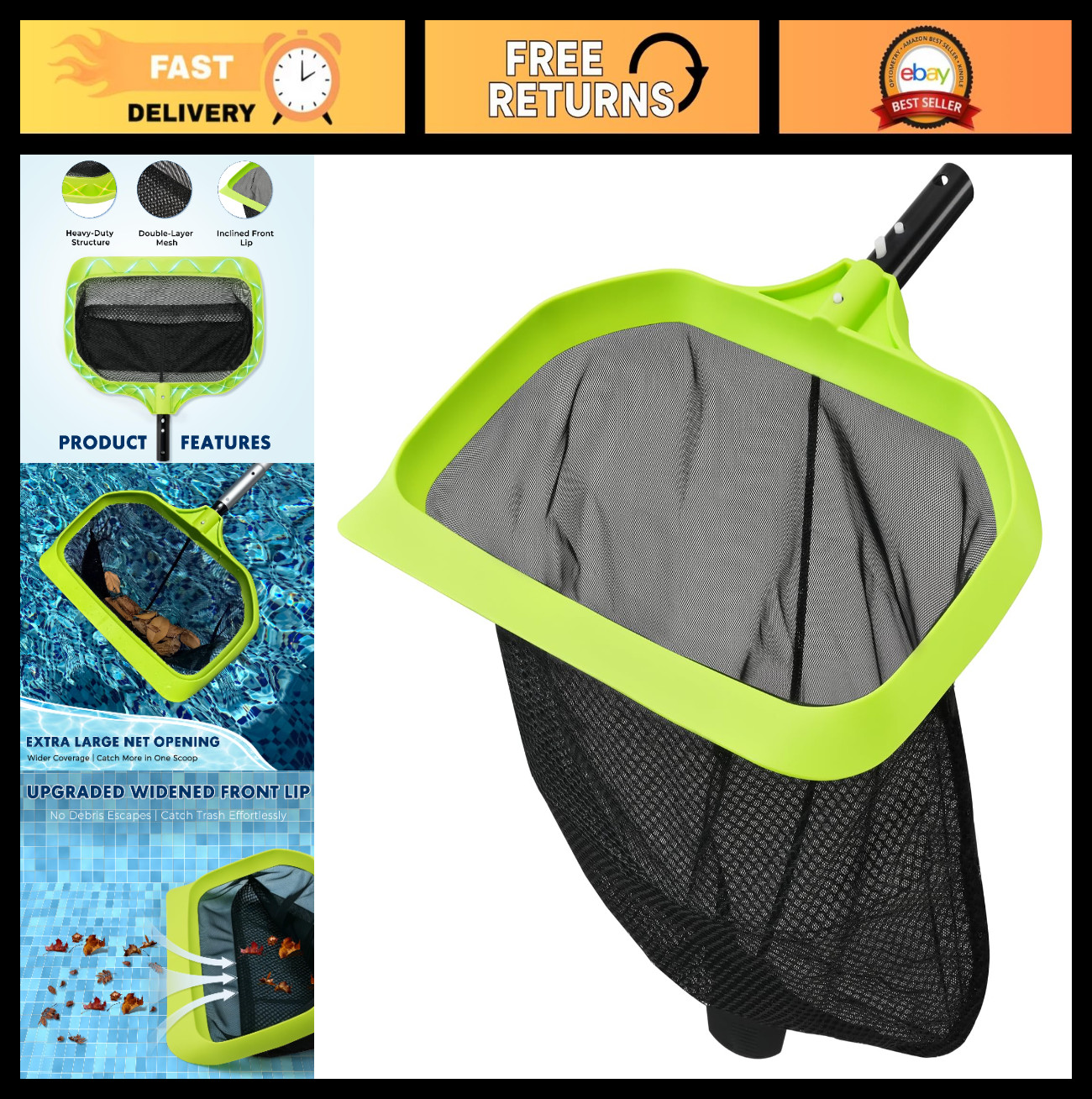 17.5&Prime; Pool Skimmer Net – Fine Mesh Leaf Rake, Triangular Frame, Scratch-Free Edg