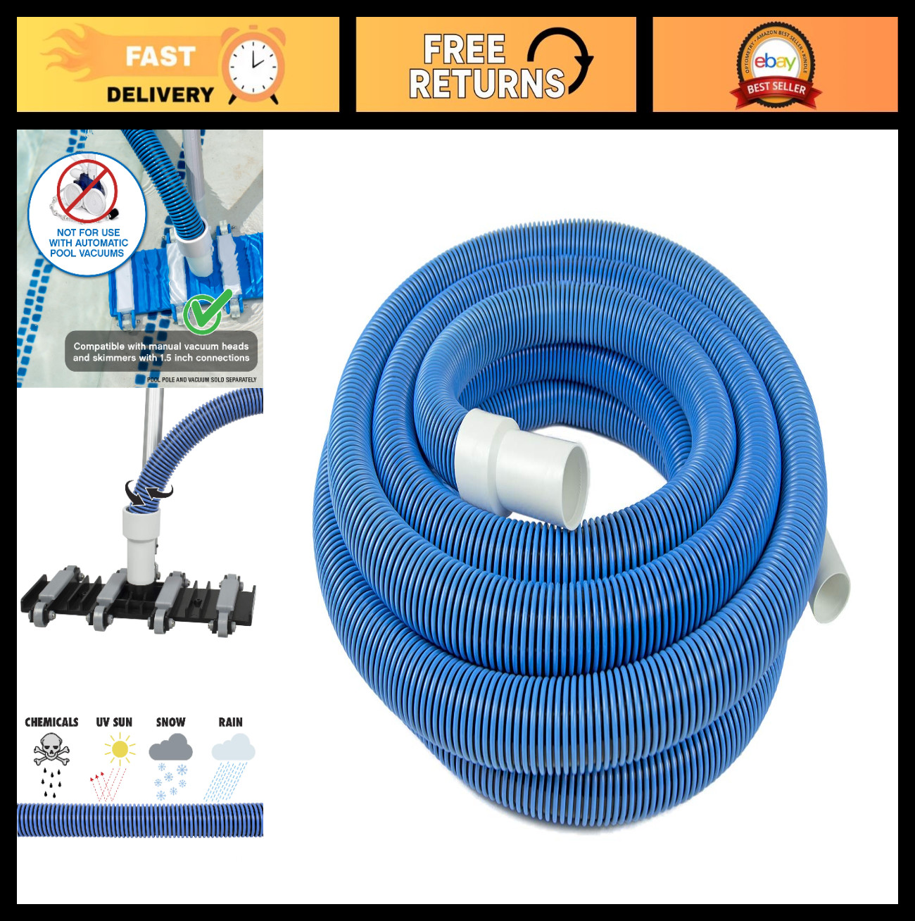 30ft Heavy Duty Manual Pool Vacuum Hose – Kink-Free, Swivel Cuff for Inground &