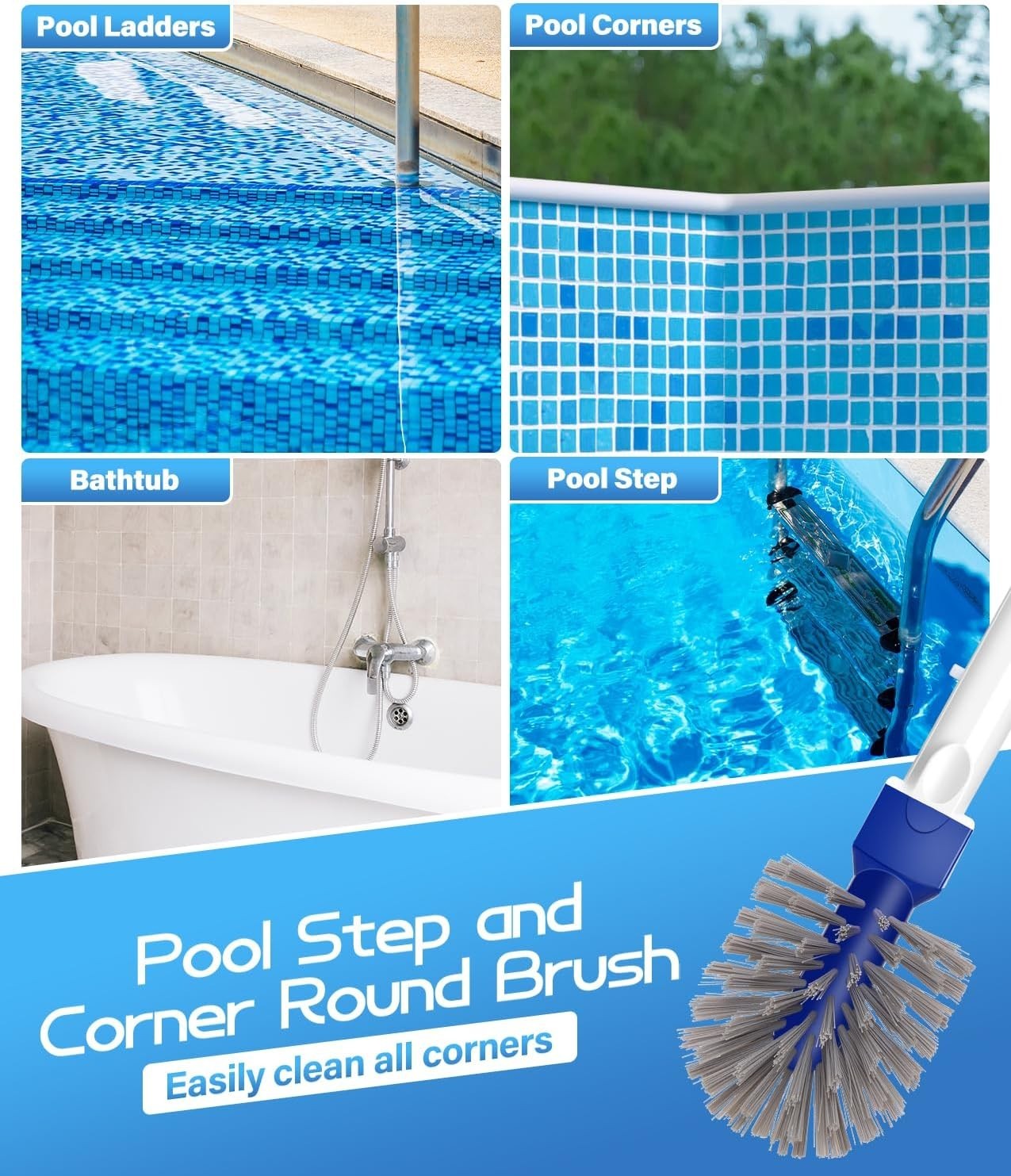 17.4 » Pool Brush Head with Aluminum Handle for Walls, Steps, Corners