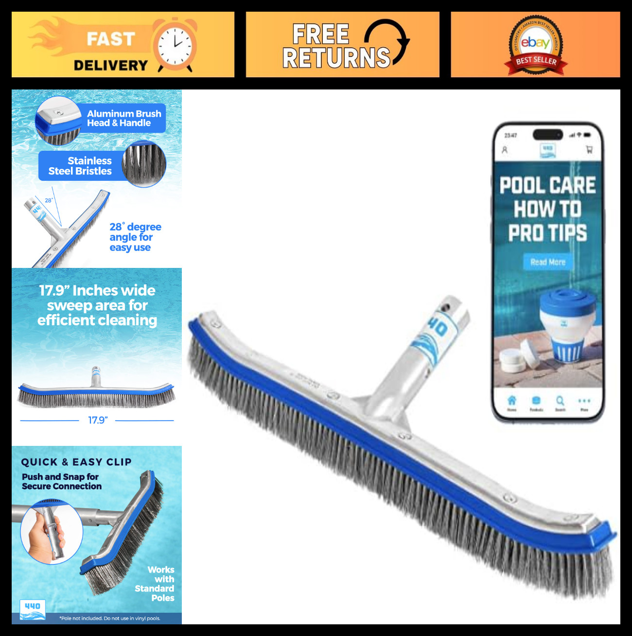 Extra-Wide 18&Prime; Heavy Duty Pool Brush – Metal Head, Stainless Steel Bristles, Cur