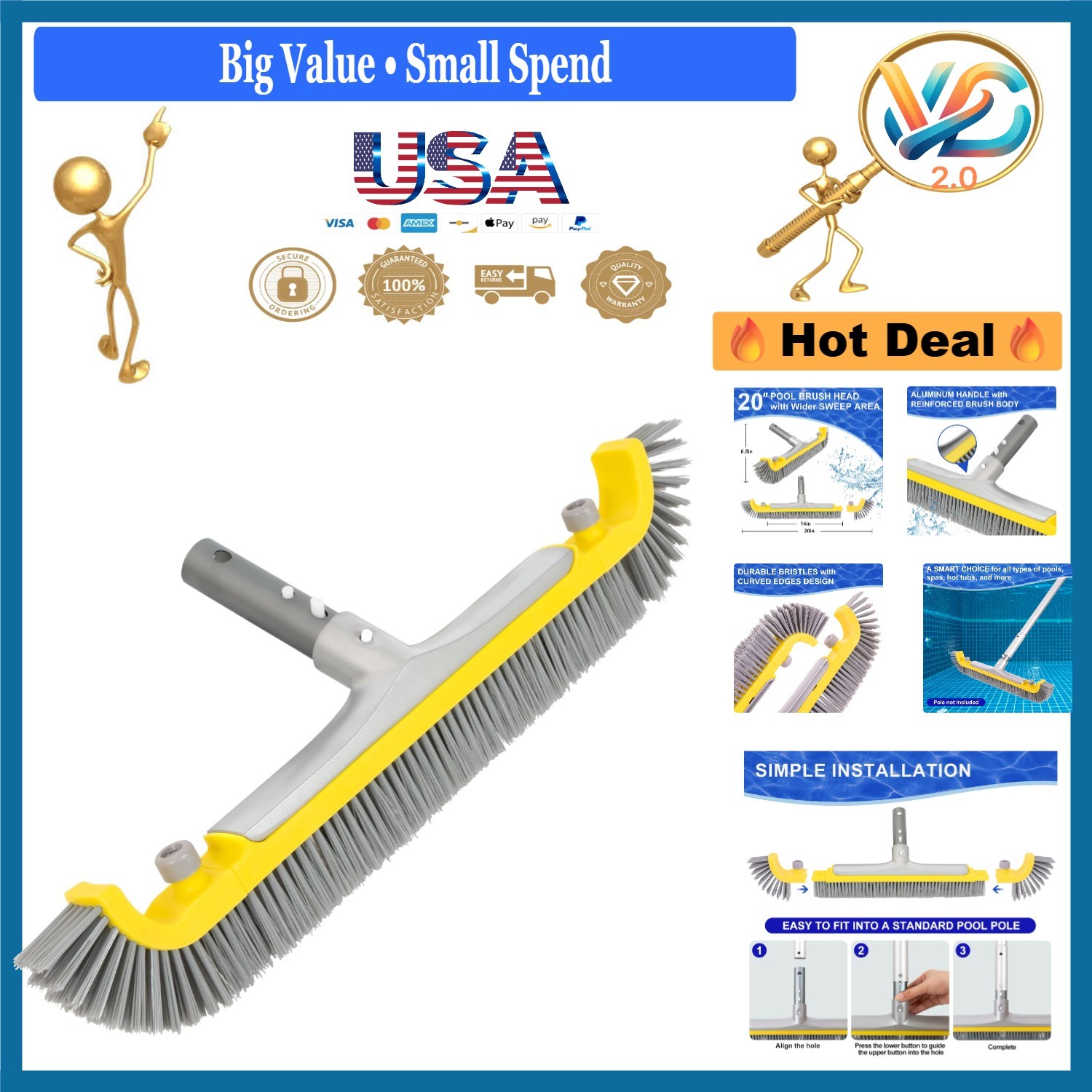 Heavy Duty 20 Inch Pool Brush with BPT Bristles for Inground Pool Cleaning