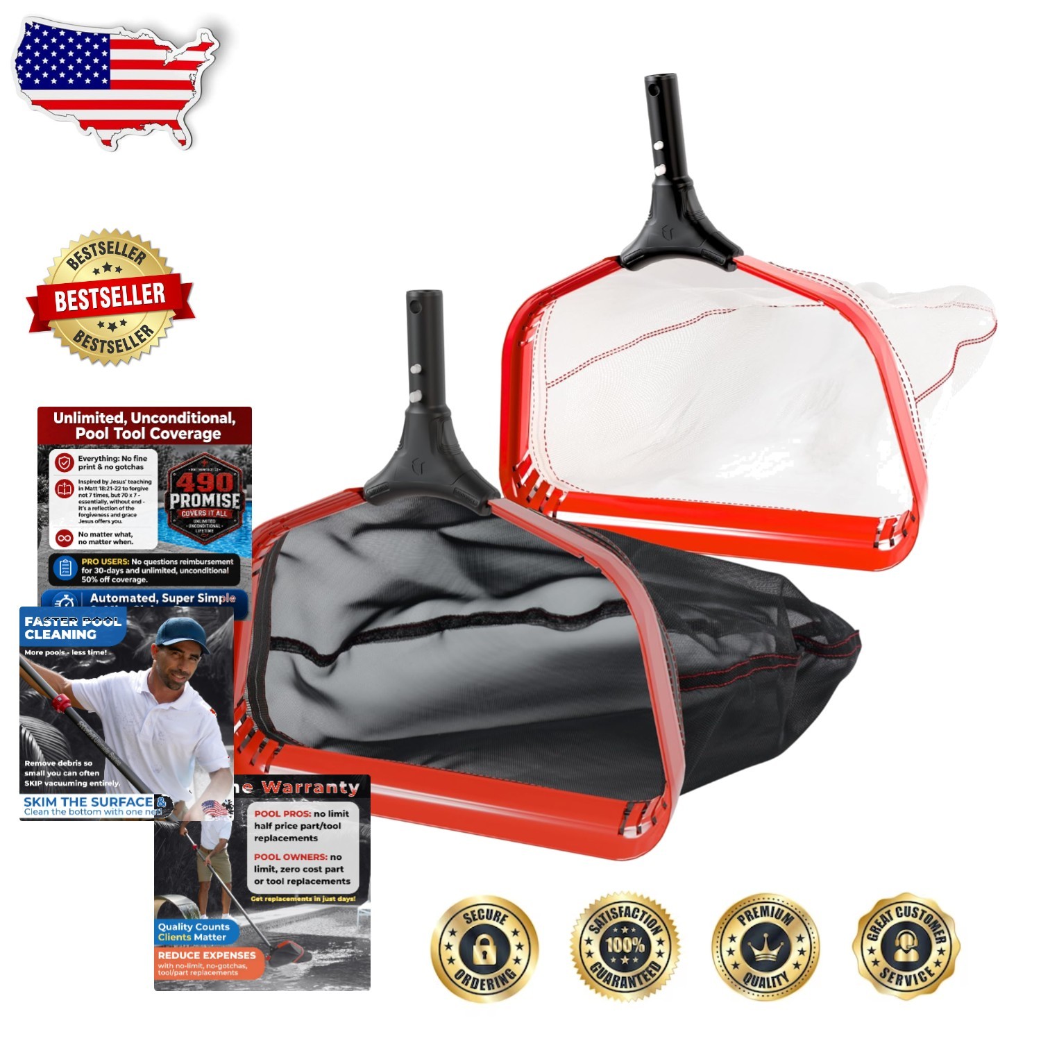 Durable Pool Rake Bundle: 23&Prime; Medium & 17&Prime; Fine – Unconditional Lifetime Promise