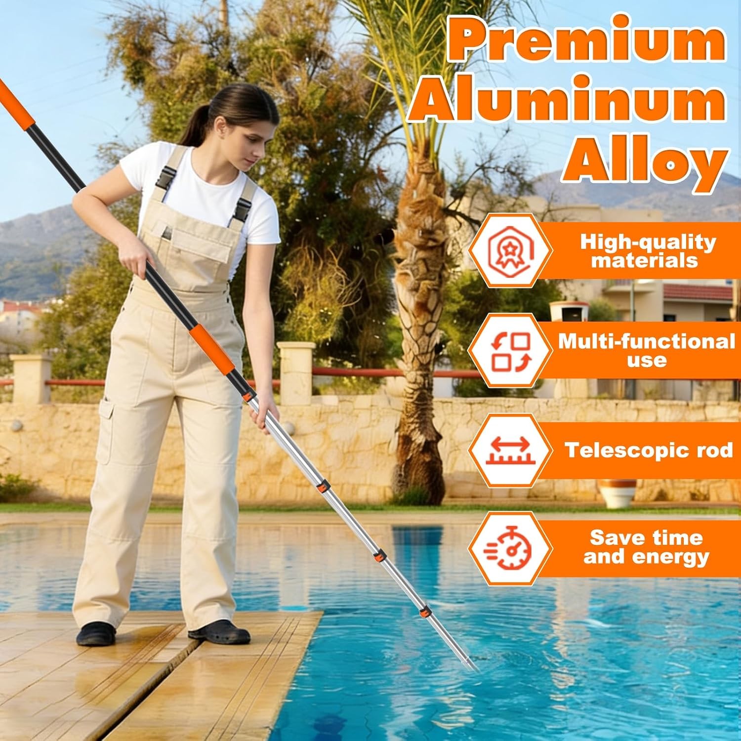 LAANPOLE Telescopic Pool Pole, 16ft Heavy Duty Swimming Pool Pole, Adjustable