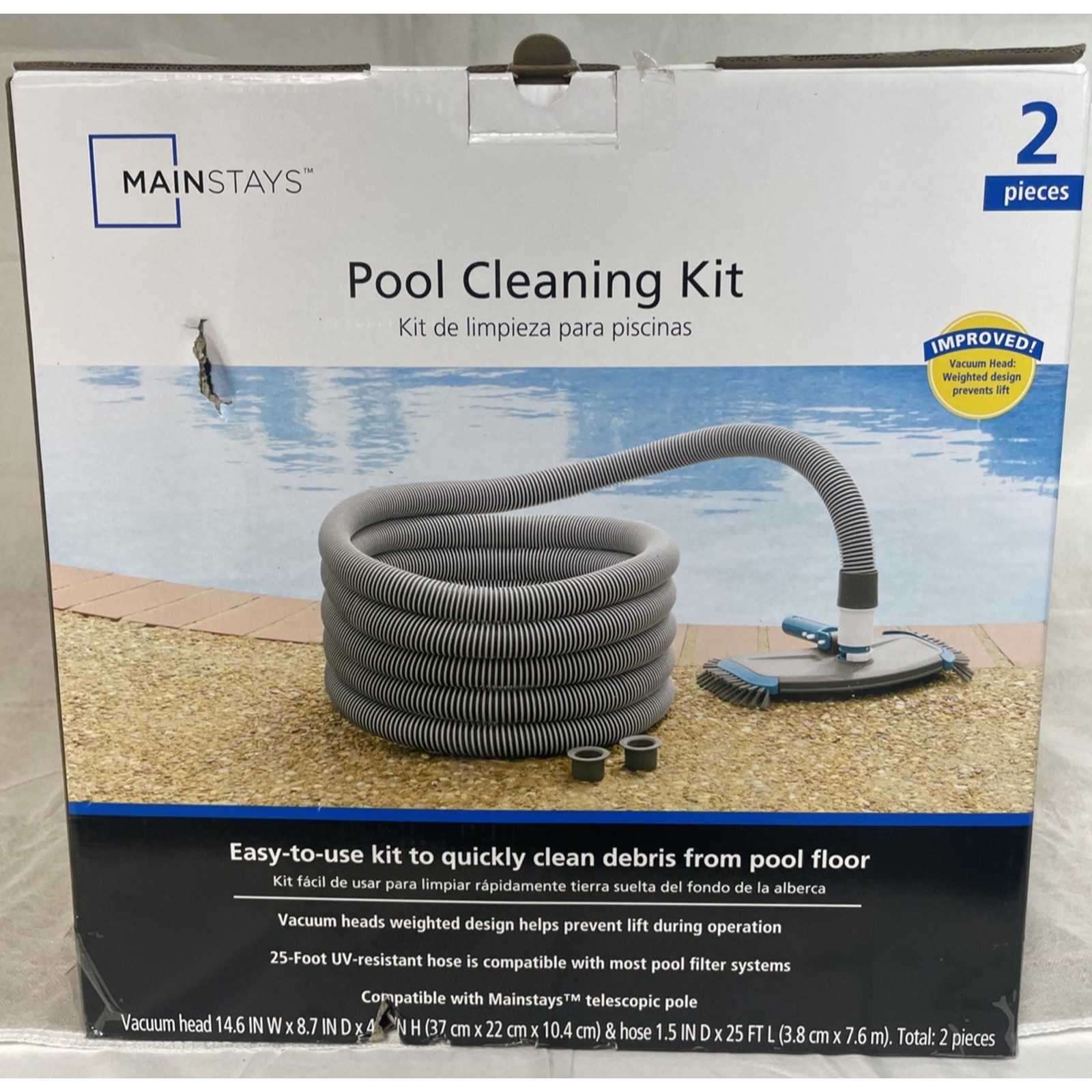 Mainstays Pool Vacuum Kit 2-Piece 25ft UV-Resistant Hose+Swivel Head 1.25&Prime;/1.5&Prime;