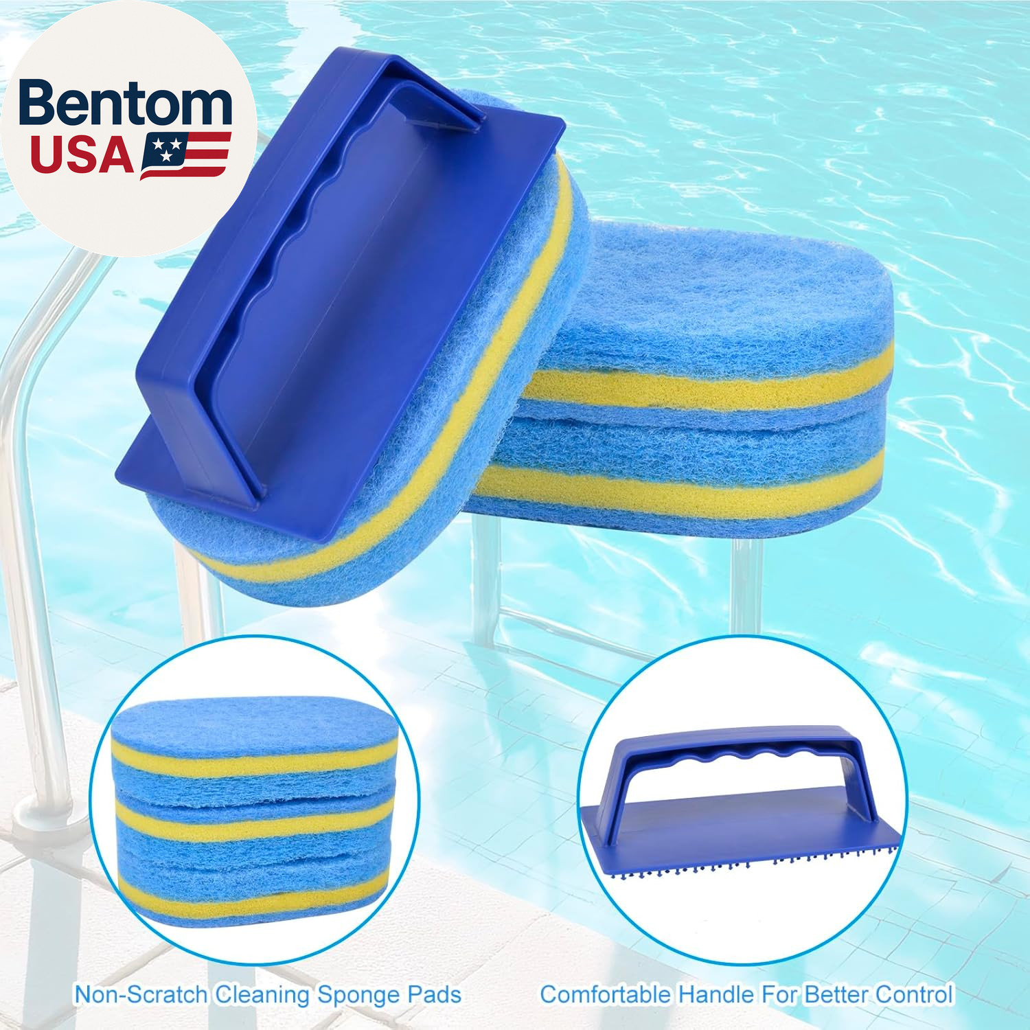 4Pcs Handled Pool Scrubber Brush – Pool Scrub Brush Set with 3 Thicker Replaceab