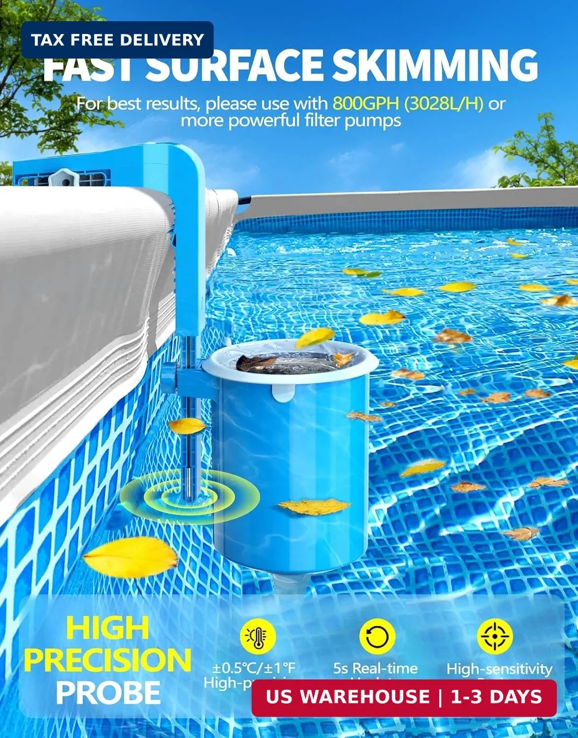 BluSwim Above Ground Pool Skimmer with Solar Digital Thermometer | Wall Mount Su