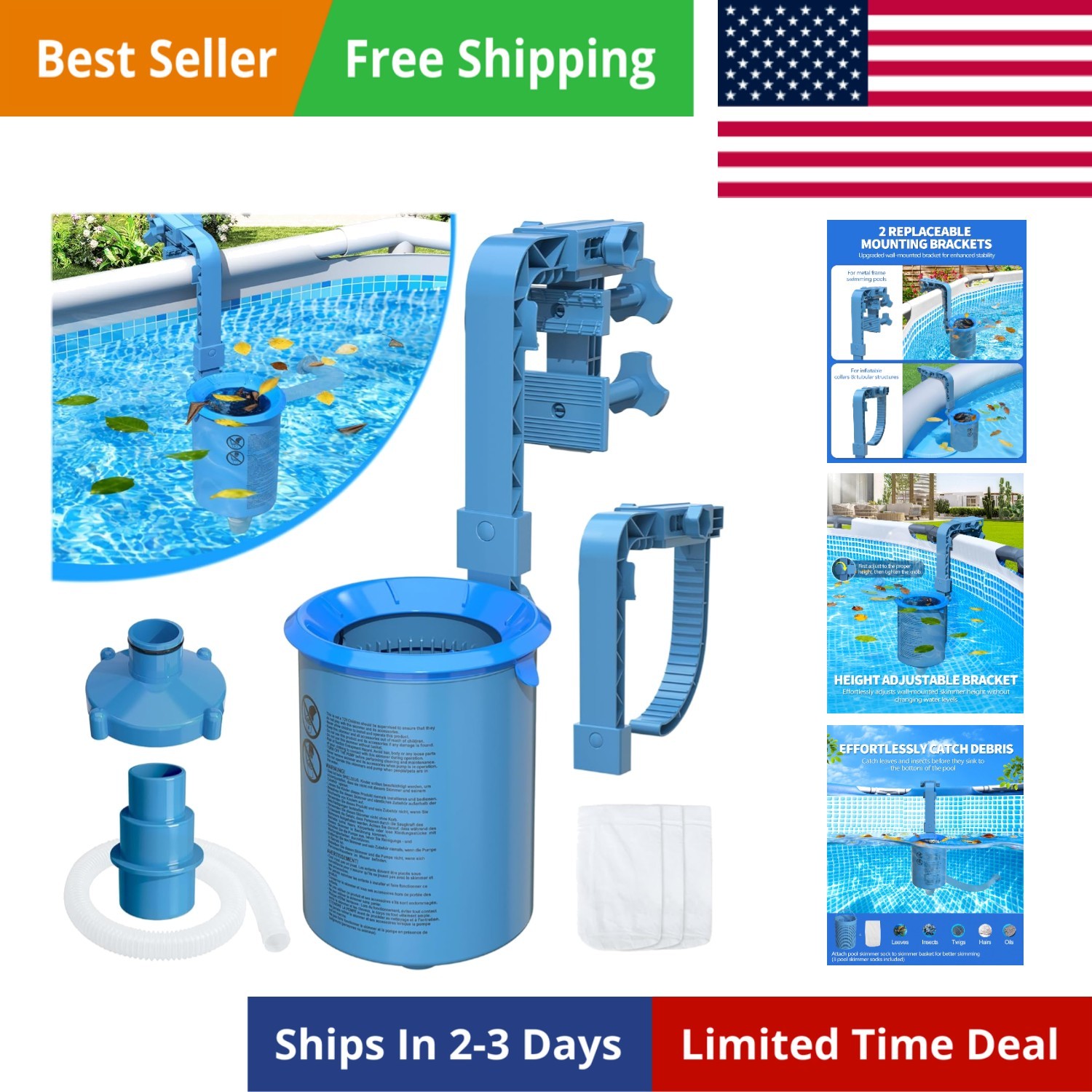 Upgrade Above Ground Pool Skimmer Comes with 3 Socks, Anti-tilt Wall Mount Su…