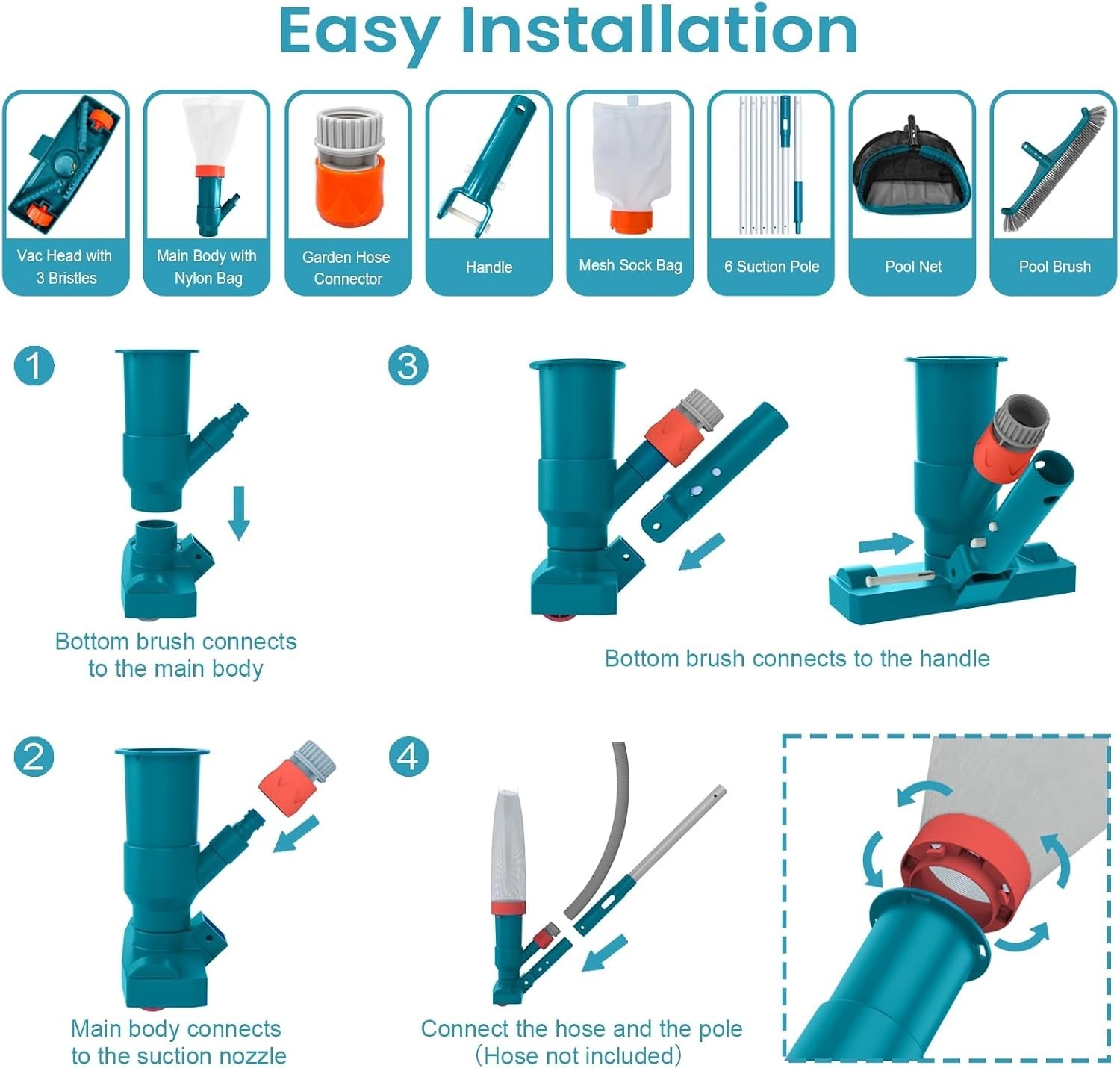 8FT Adjustable Pool Cleaning Kit – Vacuum, Skimmer Rake, and Wall Brush Included