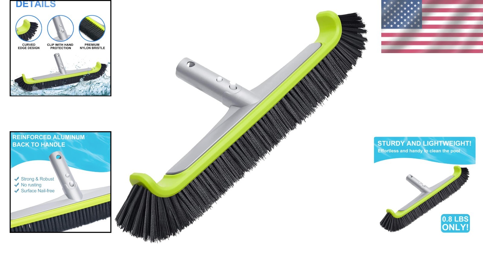 17.5&Prime; Curved Edge Pool Brush for Safe & Efficient Pool Cleaning