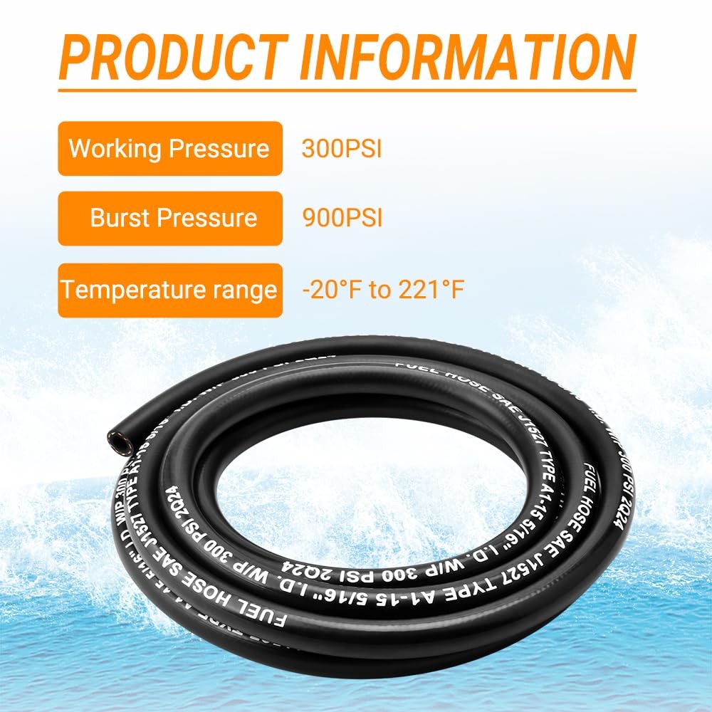 3/8&Prime; Marine Fuel Hose Feed Line Rubber SAE J1527 Standards 8 Marine Fuel Hose