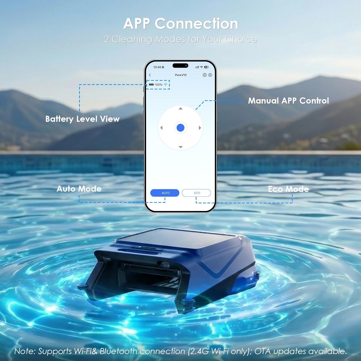 V12 Solar Pool Skimmer Robot Automatic Surface Cleaner App WiFi Remote Blue