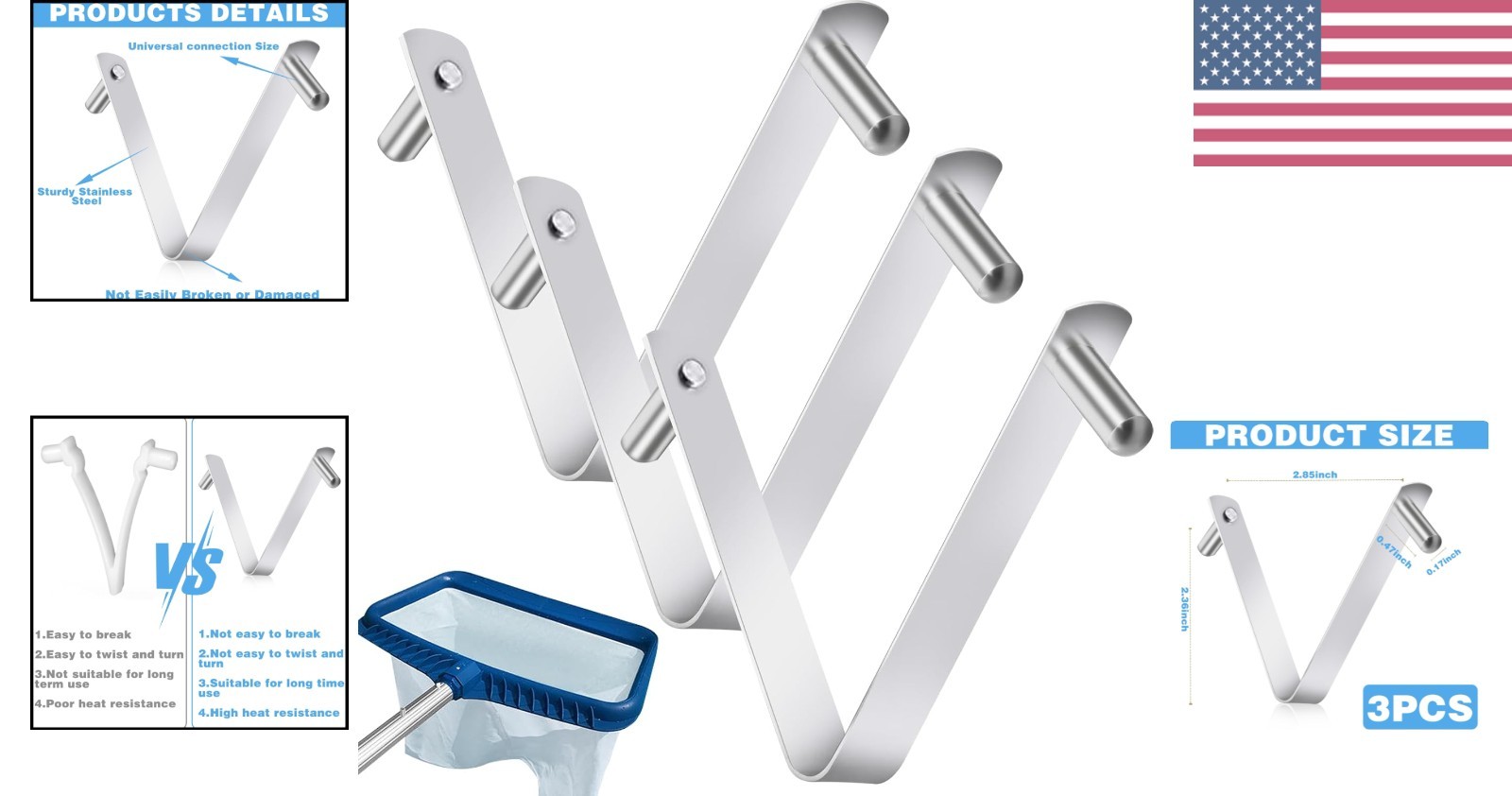 Reliable Double Pin Spring Pool Clips – V-Shaped for Pool Poles 1-1/4 Inch
